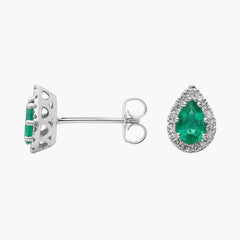 Sapphire Gaze Pear-Shaped Green Lab Emerald Stud Earrings with Lab Diamond Halo Gold