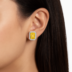 Blossom Emerald-Cut Lab-Grown Beautiful Intense Yellow Diamond Halo Stud Earrings