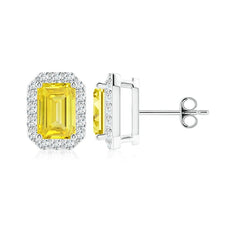 Blossom Emerald-Cut Lab-Grown Beautiful Intense Yellow Diamond Halo Stud Earrings