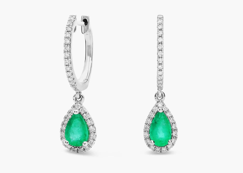 Aurora Charm Pear Shaped Lab Green Emerald and Diamond Halo Drop Earrings Gold