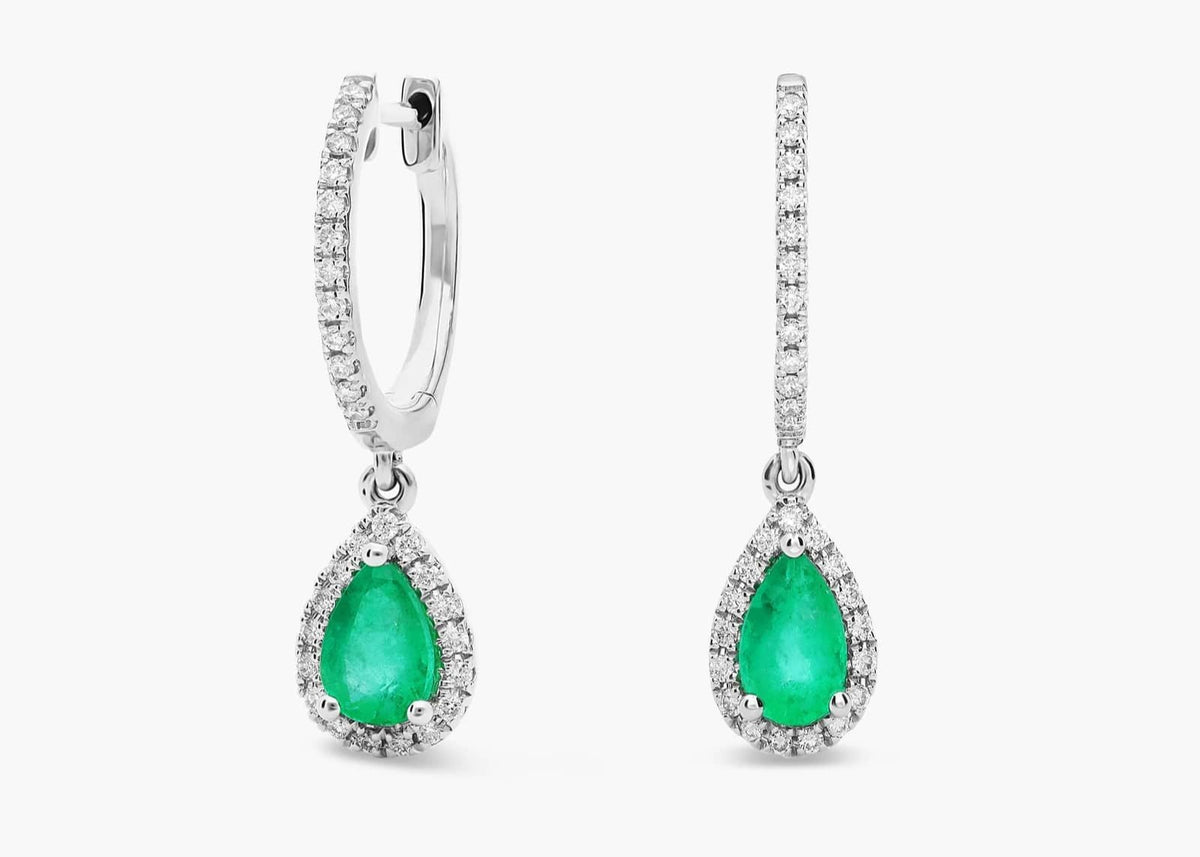 Aurora Charm Pear Shaped Lab Green Emerald and Diamond Halo Drop Earrings Gold