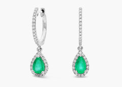 Aurora Charm Pear Shaped Lab Green Emerald and Diamond Halo Drop Earrings Gold