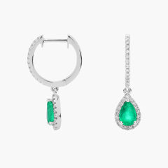 Aurora Charm Pear Shaped Lab Green Emerald and Diamond Halo Drop Earrings Gold