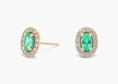 Golden Whirl Oval Lab Green Emerald Halo Stud Earrings Gold