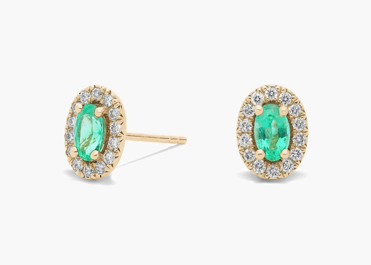 Golden Whirl Oval Lab Green Emerald Halo Stud Earrings Gold