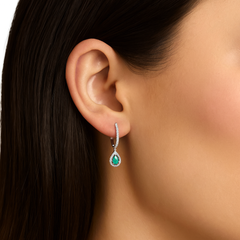 Aurora Charm Pear Shaped Lab Green Emerald and Diamond Halo Drop Earrings Gold