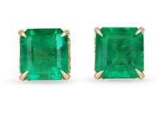 Colombian Lab Grown Emerald & Lab Diamond Stud Earrings, Asscher Cut, Prong Set