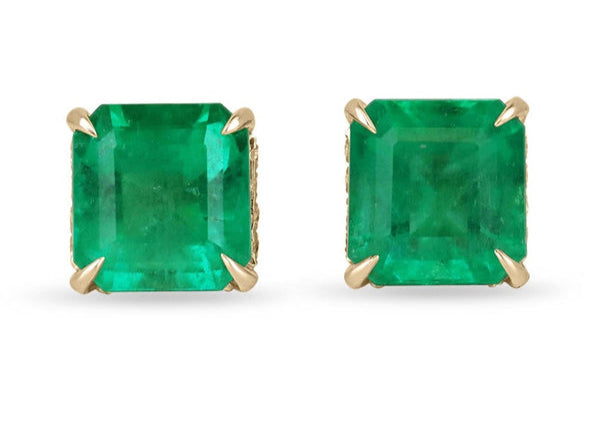 Colombian Lab Grown Emerald & Lab Diamond Stud Earrings, Asscher Cut, Prong Set