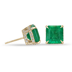 Colombian Lab Grown Emerald & Lab Diamond Stud Earrings, Asscher Cut, Prong Set